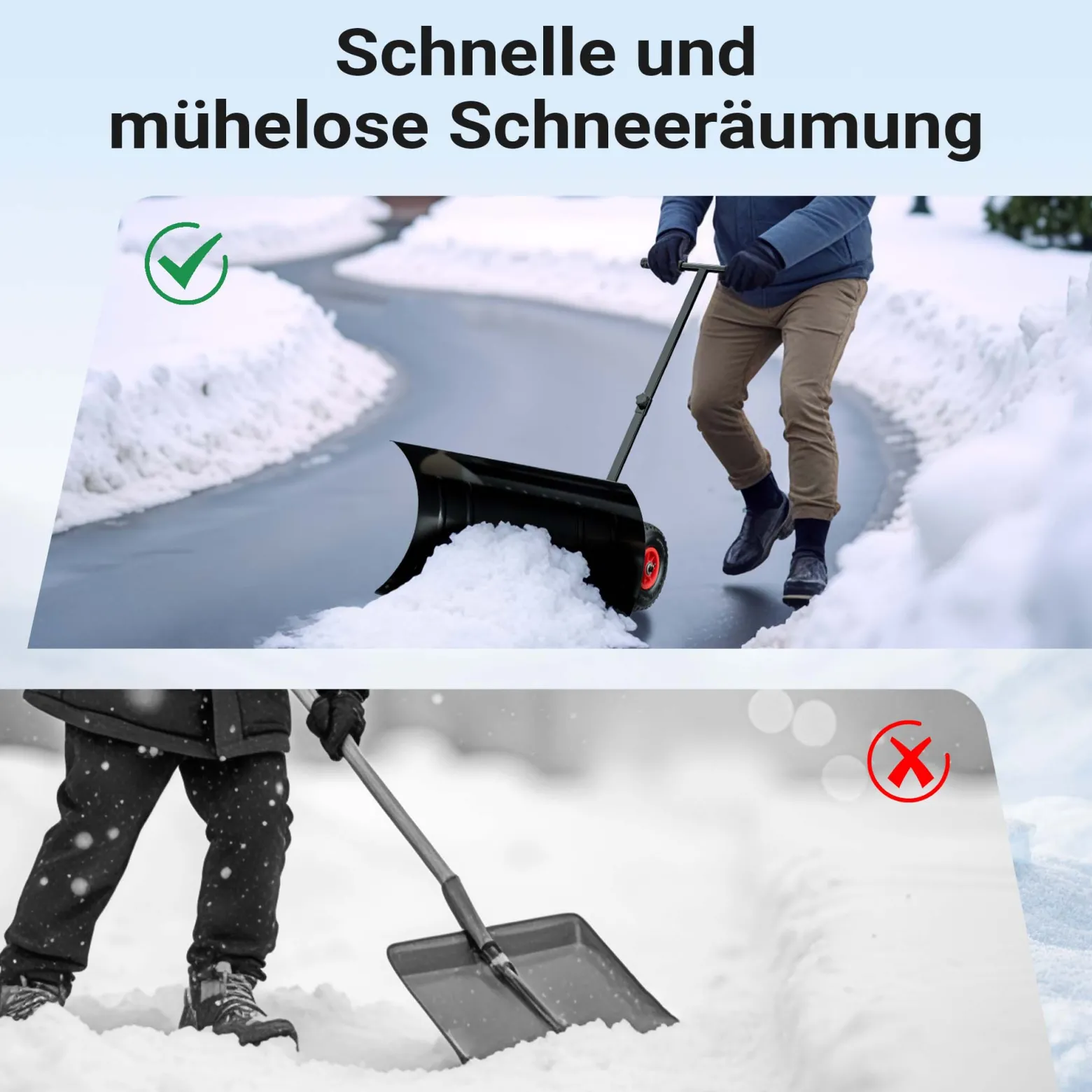 Wiltec Schneeschieber mit Rädern 74 x 43 cm, Schneeschaufel aus Stahl, korrosionsbeständige Schneeschippe, Schneehexe für Schneeräumung