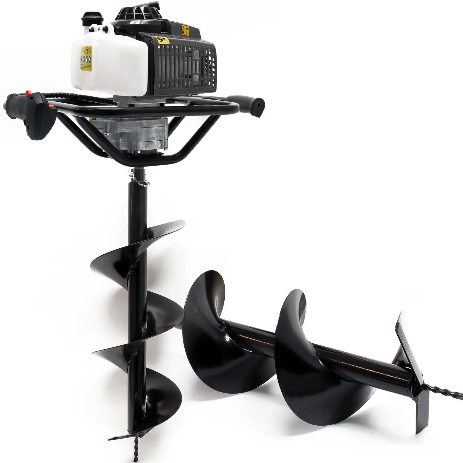 Wiltec Set Benzin Erdlochbohrer mit 250, 300 mm Bohrschnecke, 2,2 kW 3 PS 63,3ccm Pfahlbohrer Pflanzenbohrer