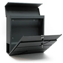 Wiltec Set Designer Briefkasten V16 Anthrazit 370 x 105 x 370 mm mit Ständer, Wandbriefkasten mit Schloss und Zeitungsrolle, Postkasten aus pulverbeschichtetem Stahl