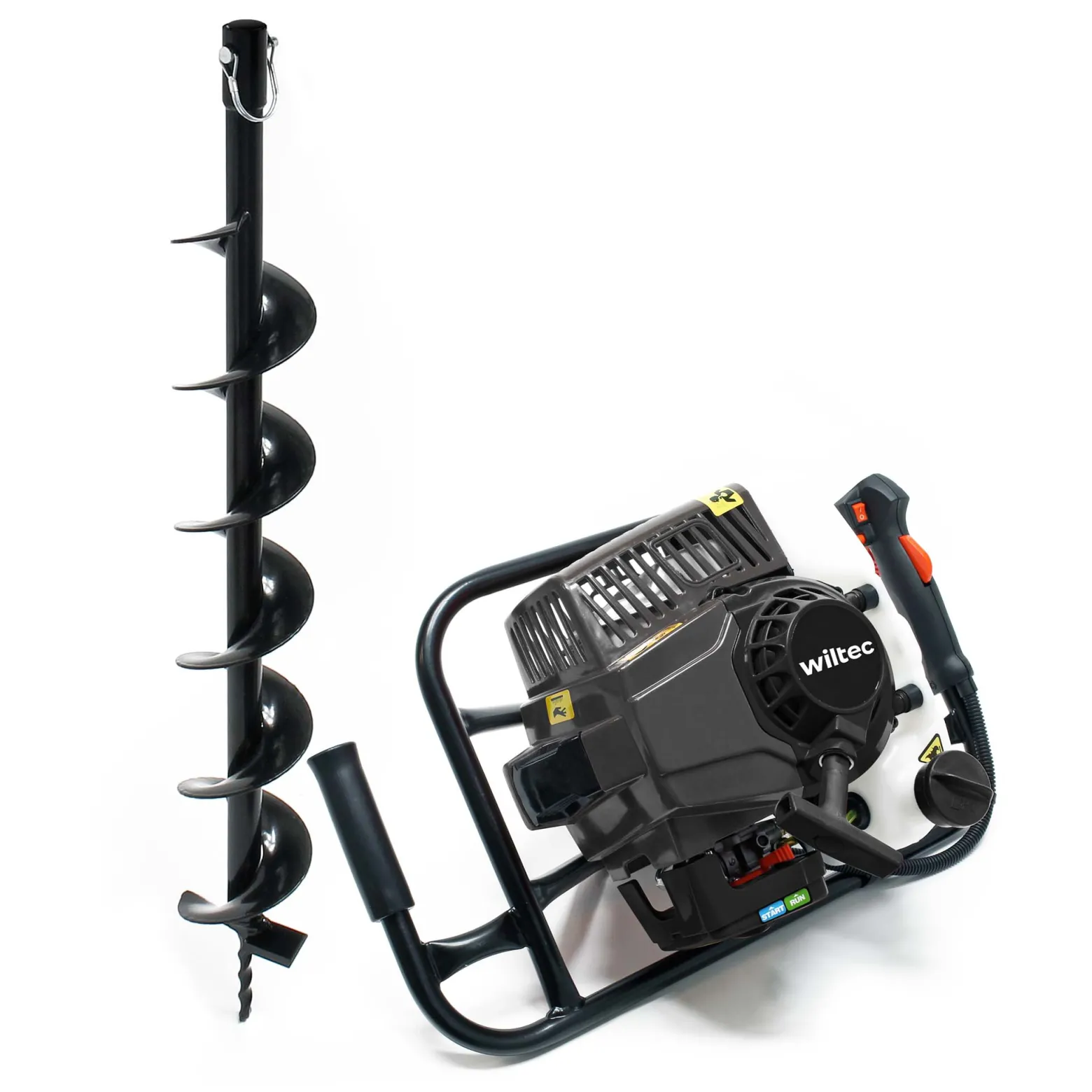 Wiltec Set Erdlochbohrer 2,2 kW 63 ccm und 100 mm Bohrschnecke, Erdbohrer mit 2 Takt Benzinmotor, Pfahlbohrer Motorerdbohrer für saubere Bohrungen
