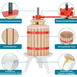 Wiltec Set 6L Obstpresse aus Buchenholz inkl. Presstuch und Obstmühle mit 7L Trichter, Zur Herstellung von Saft Wein und Maische