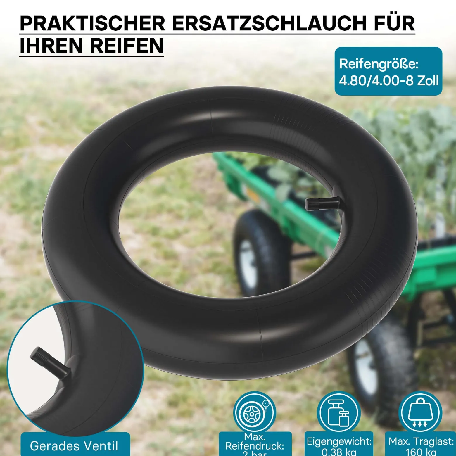 Wiltec Set 4x Reifen und 4x Schlauch Größe 4.00-8, bis 160 kg Traglast, mit geradem Ventil TR13 für Schubkarren, Sackkarren und E-Scooter