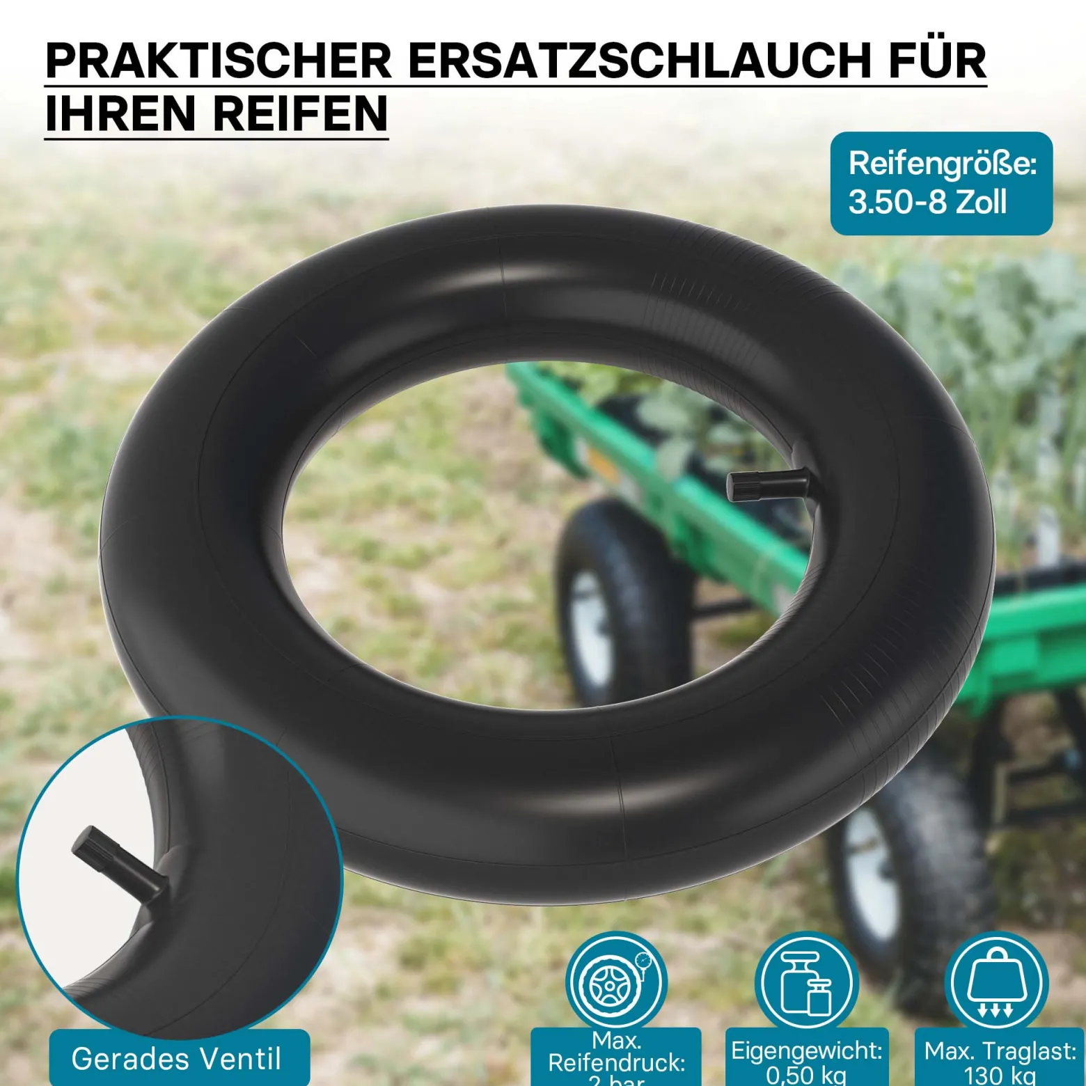 Wiltec Standard Schlauch für Reifen Größe 3.50-8, bis 130 kg Traglast, mit geradem Ventil TR13 für Schubkarren, Sackkarren und E-Scooter