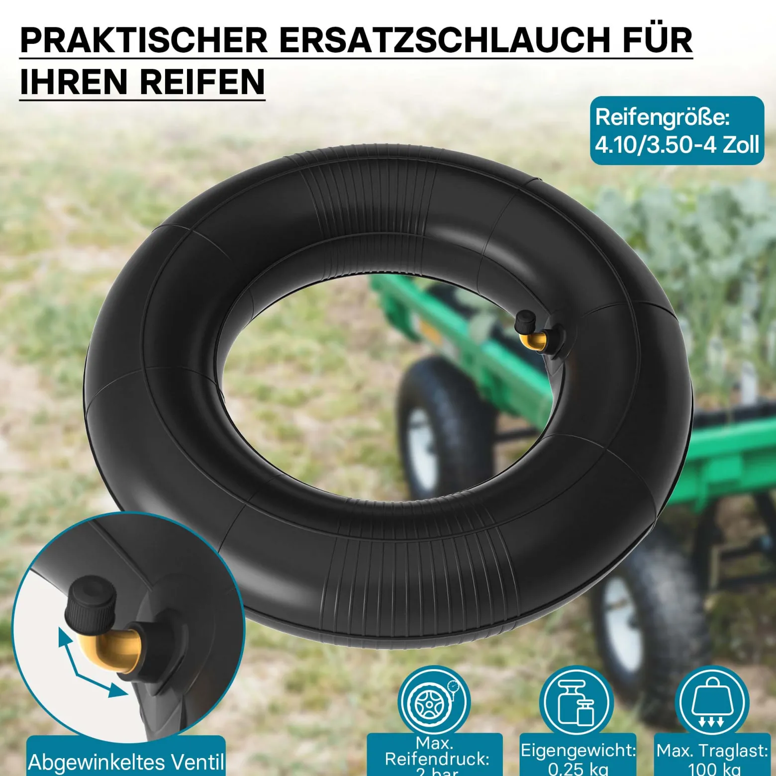 Wiltec Standard Schlauch für Reifen Größe 3.50-4, bis 100 kg Traglast, mit abgewinkeltem Ventil TR87 für Schubkarren, Sackkarren und E-Scooter