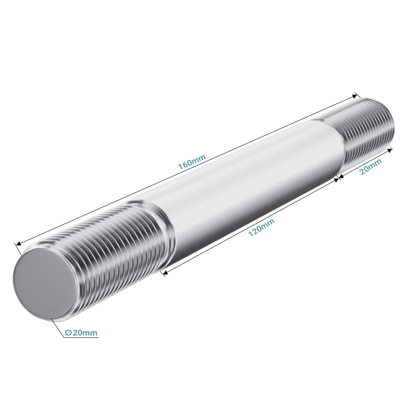 Wiltec Standard Steckachse 160 x 20 mm für Schubkarre, Nabenbreite 120 mm, Achse für Schubkarren Rad, Trolley, Sackkarre, Handwagen
