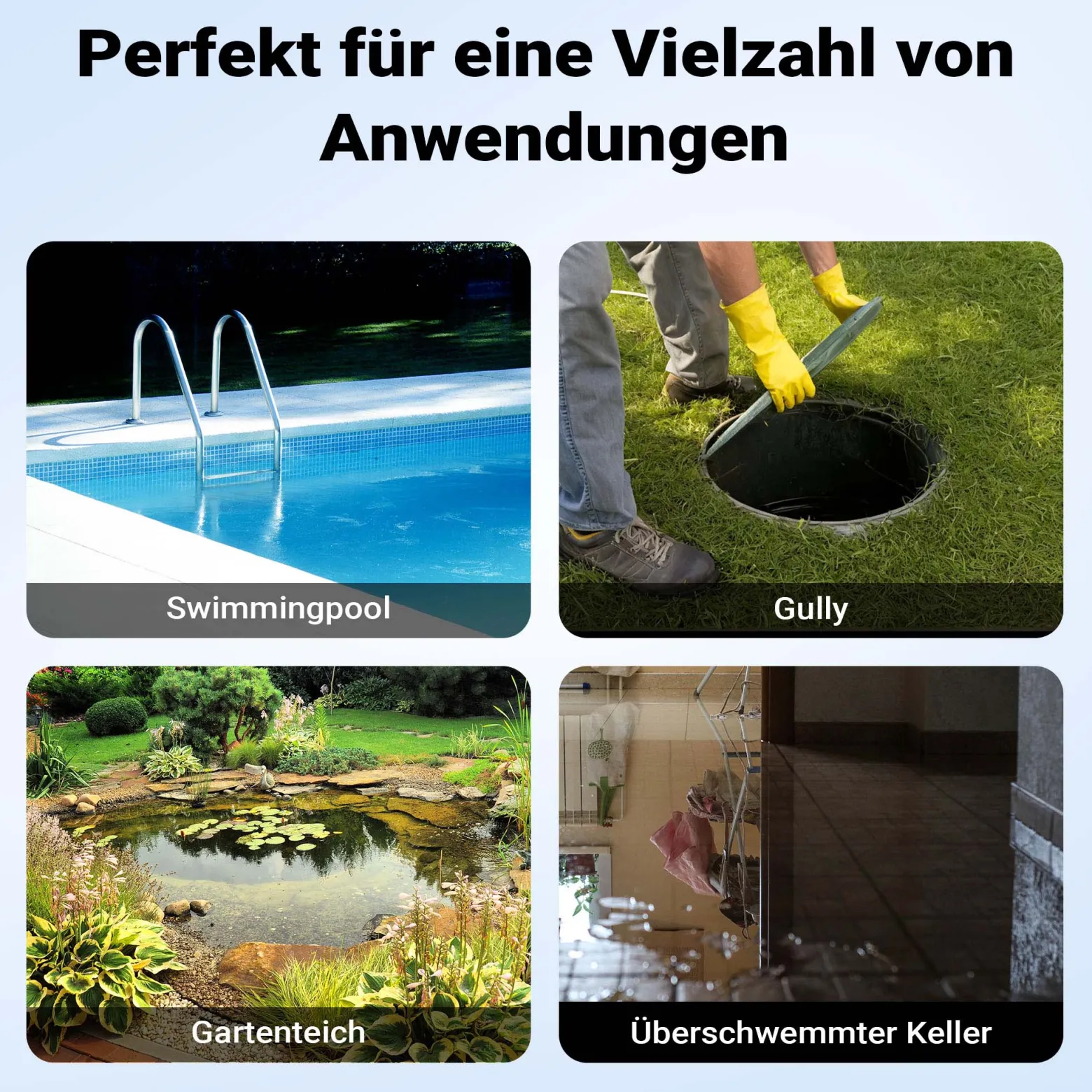 Wiltec Tauchpumpe mit Schwimmer 400 W, flachabsaugende Pumpe bis 1 mm, Tiefbrunnenpumpe 5 m Förderhöhe und 7 m Tiefe, Flachsaugerpumpe für Klarwasser
