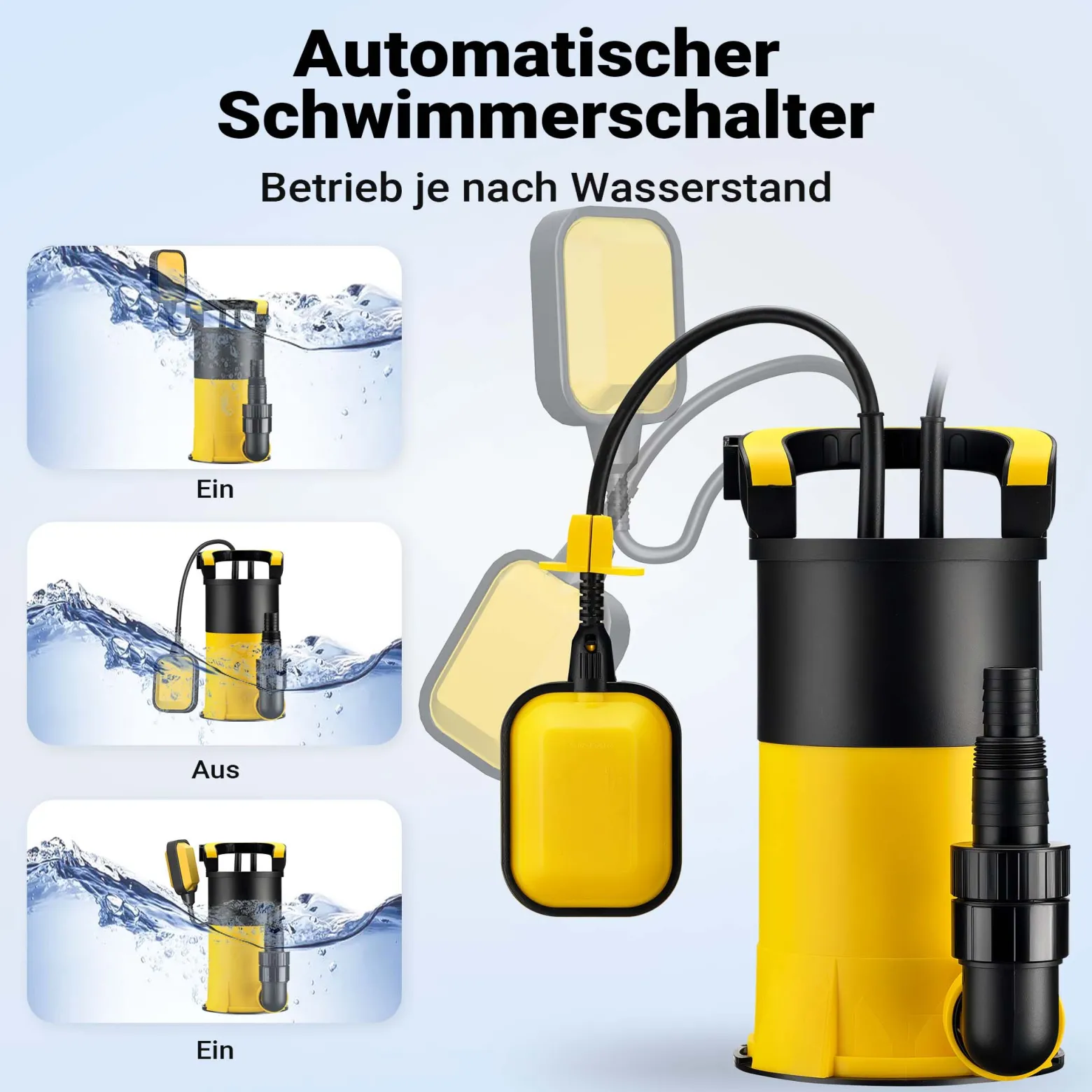Wiltec Tauchpumpe mit Schwimmer 400 W, flachabsaugende Pumpe bis 1 mm, Tiefbrunnenpumpe 5 m Förderhöhe und 7 m Tiefe, Flachsaugerpumpe für Klarwasser