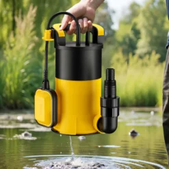 Wiltec Tauchpumpe mit Schwimmer 400 W, flachabsaugende Pumpe bis 1 mm, Tiefbrunnenpumpe 5 m Förderhöhe und 7 m Tiefe, Flachsaugerpumpe für Klarwasser