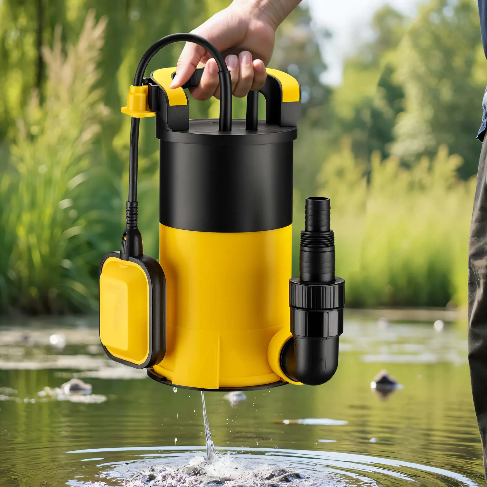 Wiltec Tauchpumpe mit Schwimmer 400 W, flachabsaugende Pumpe bis 1 mm, Tiefbrunnenpumpe 5 m Förderhöhe und 7 m Tiefe, Flachsaugerpumpe für Klarwasser