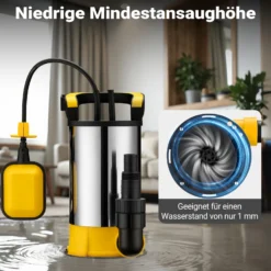 Wiltec Tauchpumpe mit Schwimmer Edelstahl 400 W, flachabsaugende Pumpe bis 1 mm, Tiefbrunnenpumpe bis 7 m Tiefe & 5 m Förderhöhe, Flachsaugerpumpe für Klarwasser