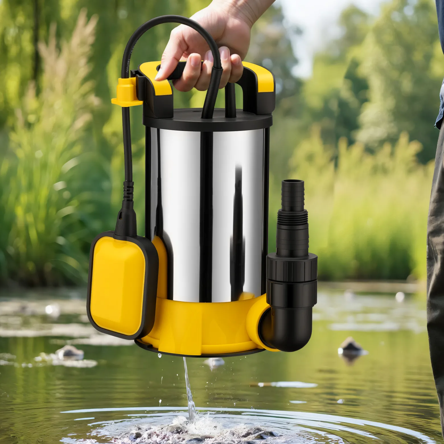 Wiltec Tauchpumpe mit Schwimmer Edelstahl 400 W, flachabsaugende Pumpe bis 1 mm, Tiefbrunnenpumpe bis 7 m Tiefe & 5 m Förderhöhe, Flachsaugerpumpe für Klarwasser