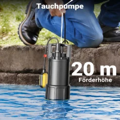 Wiltec Tauchpumpe mit Schwimmerschalter 850 W, Tiefbrunnenpumpe bis 7 m Tiefe, Brunnenpumpe 20 m Förderhöhe, Wasserpumpe für Klarwasser