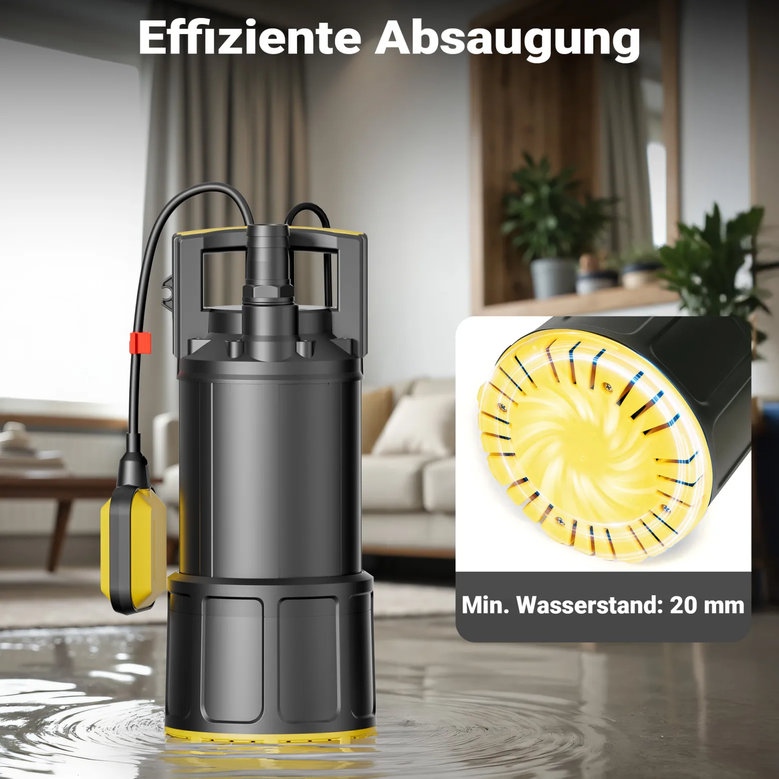 Wiltec Tauchpumpe mit Schwimmerschalter 1000 W, Tiefbrunnenpumpe bis 7 m Tiefe, Brunnenpumpe 30 m Förderhöhe, Wasserpumpe für Klarwasser