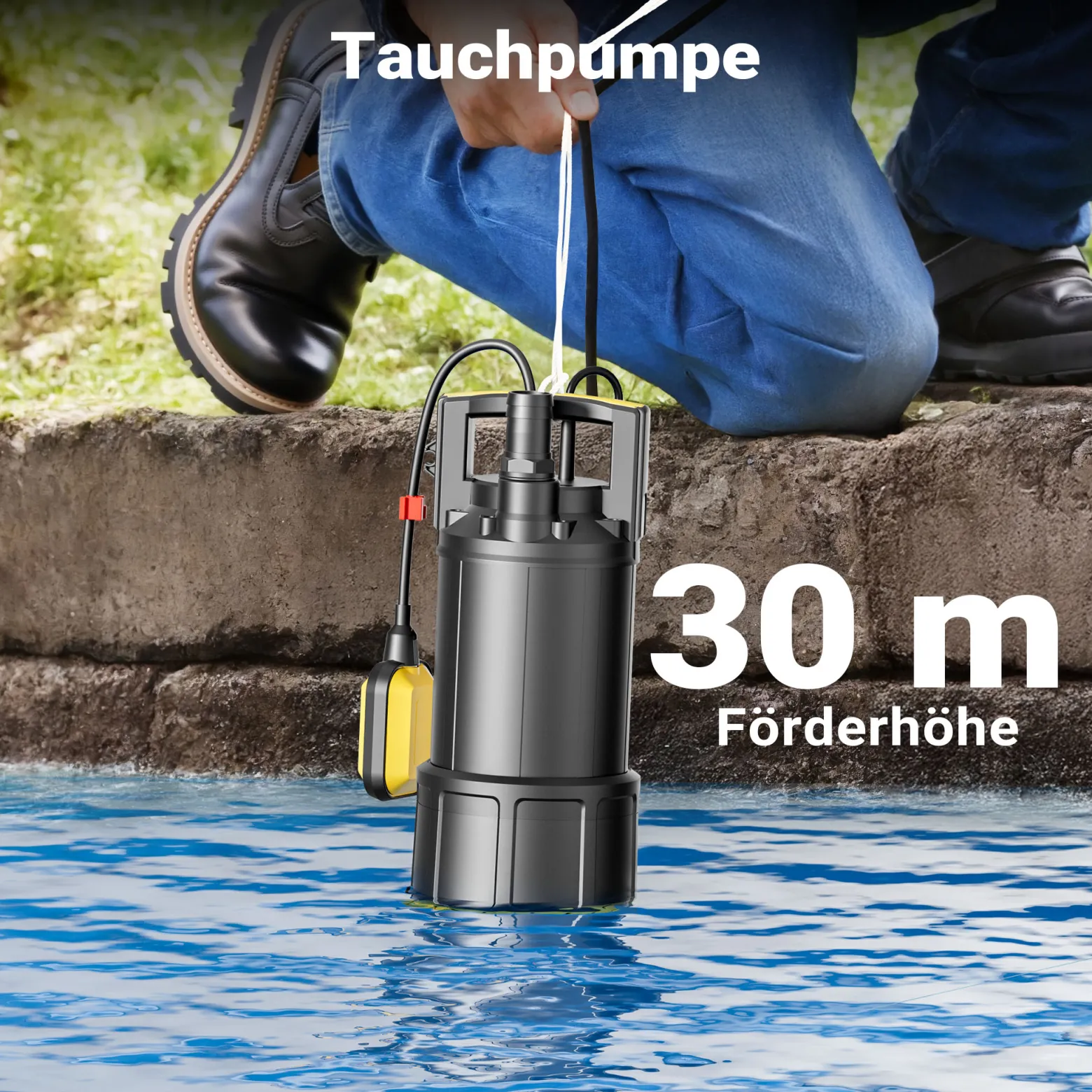 Wiltec Tauchpumpe mit Schwimmerschalter 1000 W, Tiefbrunnenpumpe bis 7 m Tiefe, Brunnenpumpe 30 m Förderhöhe, Wasserpumpe für Klarwasser