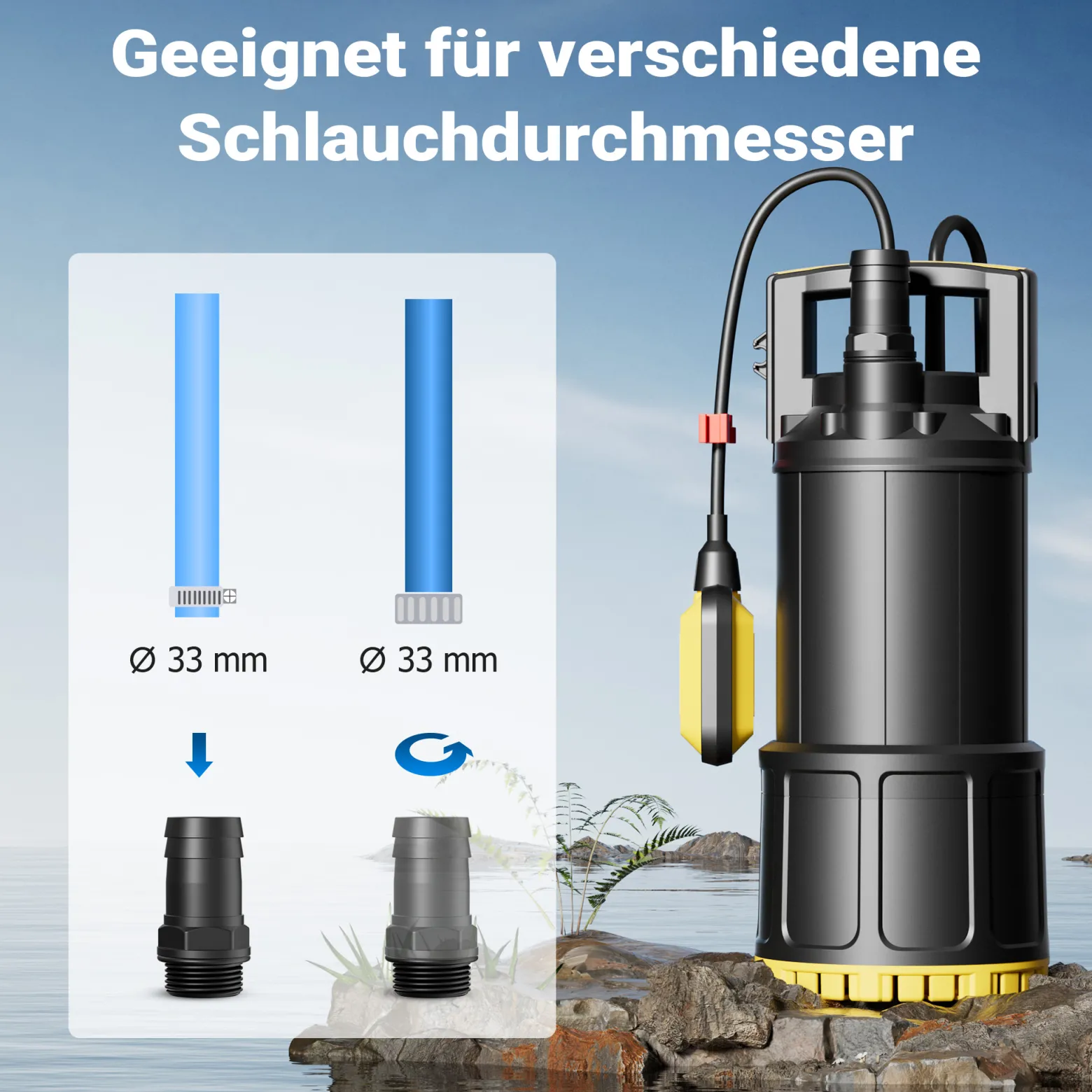 Wiltec Tauchpumpe mit Schwimmerschalter 1000 W, Tiefbrunnenpumpe bis 7 m Tiefe, Brunnenpumpe 30 m Förderhöhe, Wasserpumpe für Klarwasser