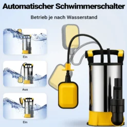 Wiltec Tauchpumpe mit Schwimmer Edelstahl 900 W, flachabsaugende Pumpe bis 1 mm, Tiefbrunnenpumpe bis 7 m Tiefe & 9 m Förderhöhe, Flachsaugerpumpe für Klarwasser