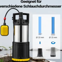 Wiltec Tauchpumpe mit Schwimmerschalter 1000 W, Tiefbrunnenpumpe bis 7 m Tiefe, Brunnenpumpe 30 m Förderhöhe, Wasserpumpe für Klarwasser