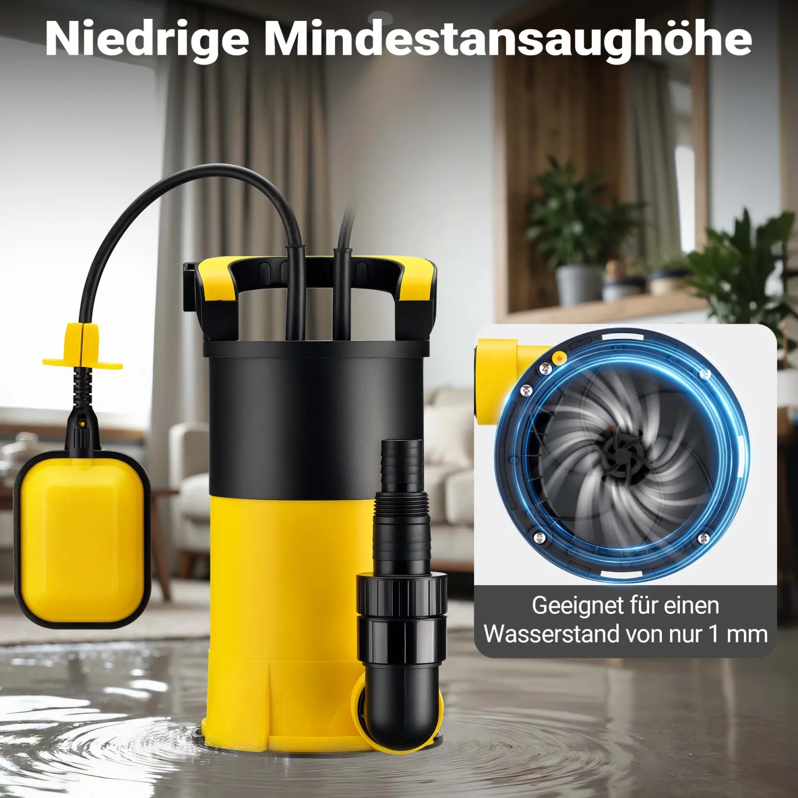 Wiltec Tauchpumpe mit Schwimmer 550 W, flachabsaugende Pumpe bis 1 mm, Tiefbrunnenpumpe 7 m Förderhöhe und 7 m Tiefe, Flachsaugerpumpe für Klarwasser