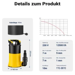 Wiltec Tauchpumpe mit Schwimmer 550 W, flachabsaugende Pumpe bis 1 mm, Tiefbrunnenpumpe 7 m Förderhöhe und 7 m Tiefe, Flachsaugerpumpe für Klarwasser