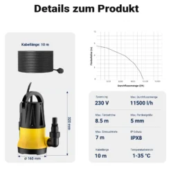 Wiltec Tauchpumpe mit Sensor 550 W, Tiefbrunnenpumpe mit 2 Modi, leistungsstarke Wasserpumpe 11500 l/h, Brunnenpumpe 8,5 m Förderhöhe & 7 m Tiefe