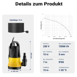 Wiltec Tauchpumpe mit Sensor 900 W, Tiefbrunnenpumpe mit 2 Modi, leistungsstarke Wasserpumpe 15000 l/h, Brunnenpumpe 10 m Förderhöhe & 7 m Tiefe