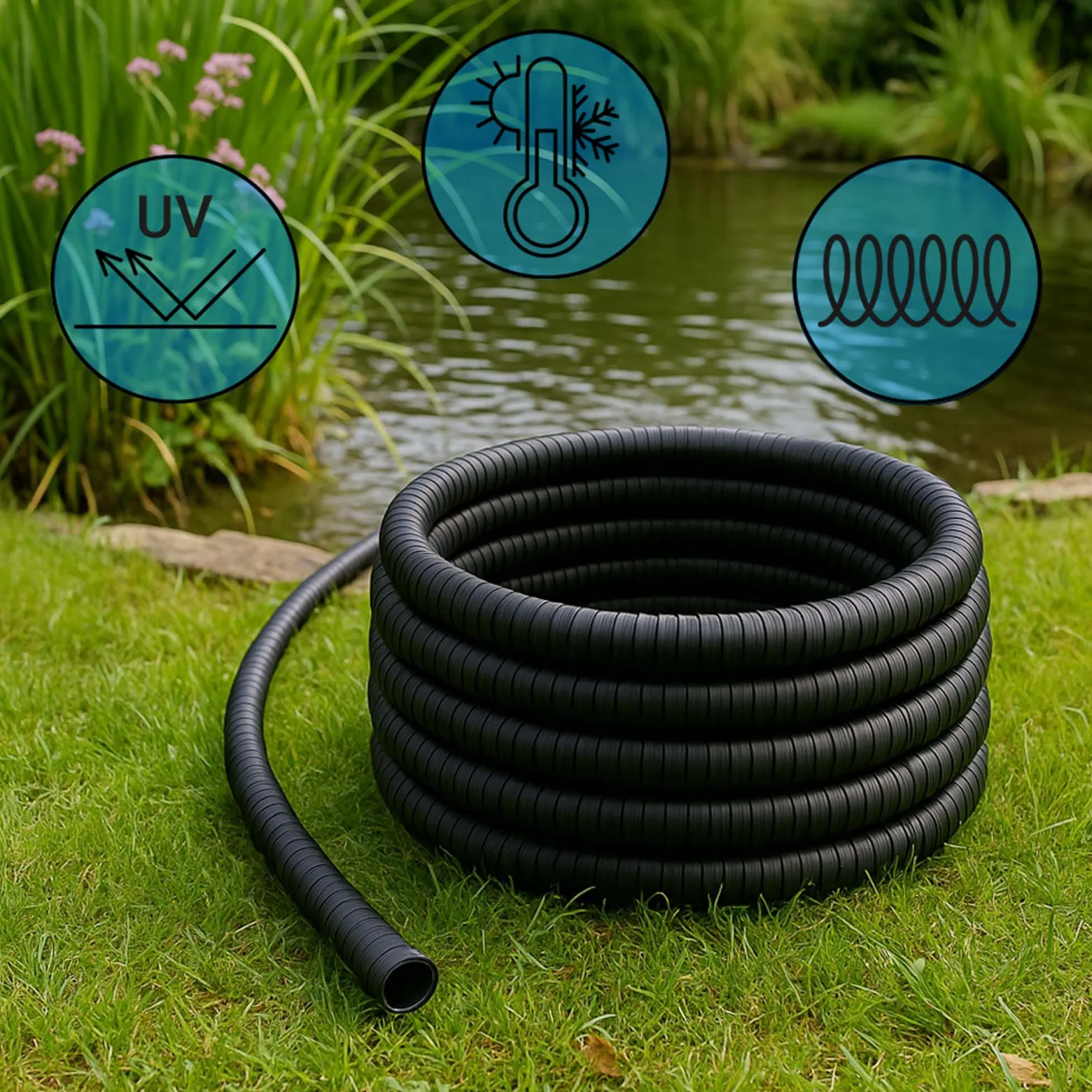 Wiltec Teichschlauch 25m Spiralschlauch 19 mm (3/4") schwarz, lichtundurchlässig, extrem biegsam, glatte Innenwand Saugschlauch Druckschlauch