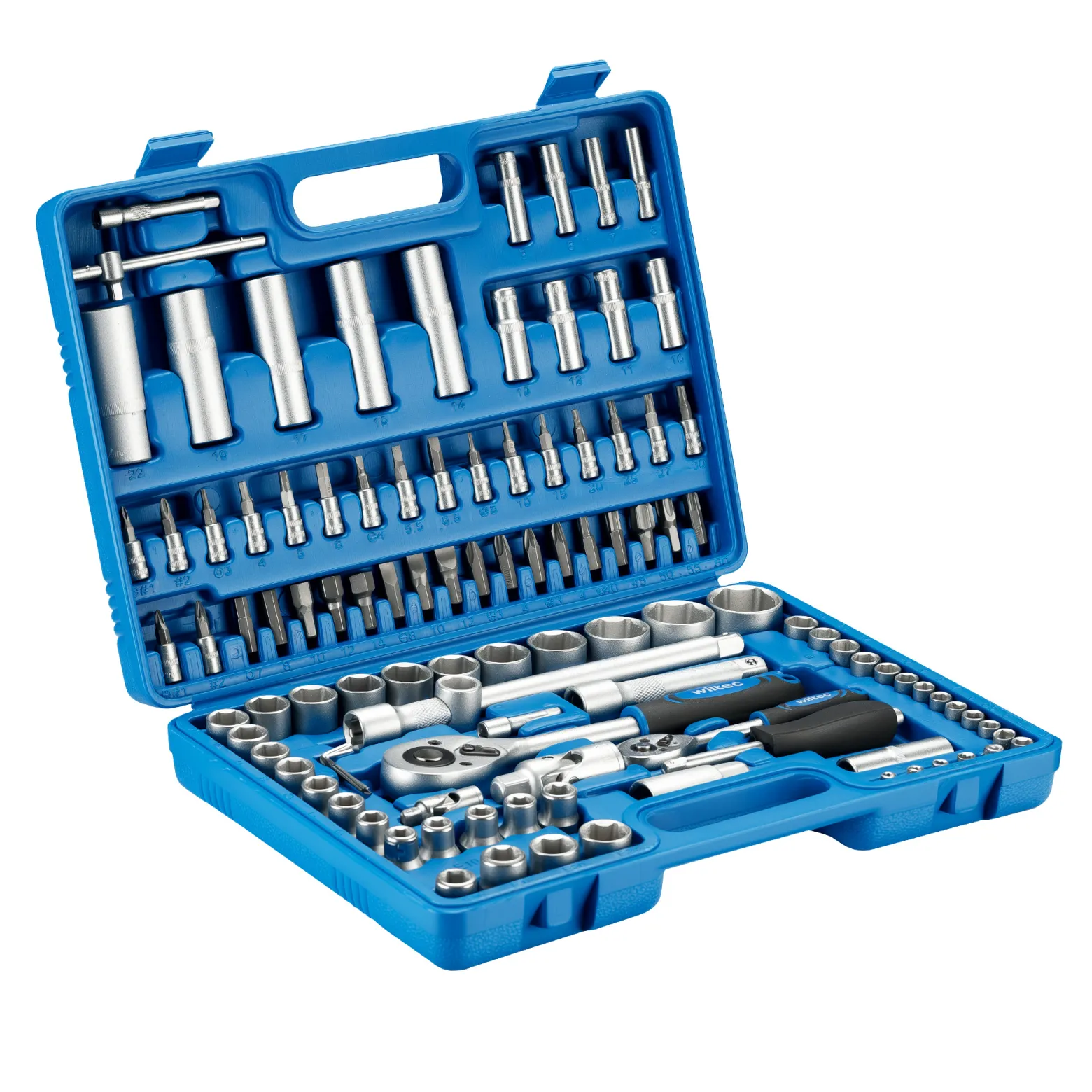 Wiltec 108-teiliger Steckschlüsselsatz Ratschenkasten mit 1/2" (12,5mm) und 1/4" (6,3 mm) Antrieb, Stecknüsse im Knarrenkasten, hochwertige Steckschlüssel für Werkstatt
