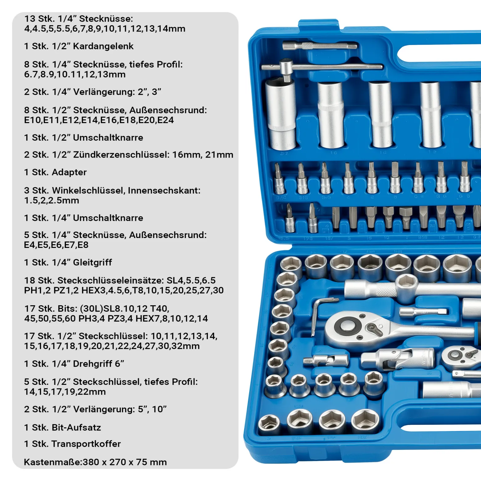 Wiltec 108-teiliger Steckschlüsselsatz Ratschenkasten mit 1/2" (12,5mm) und 1/4" (6,3 mm) Antrieb, Stecknüsse im Knarrenkasten, hochwertige Steckschlüssel für Werkstatt