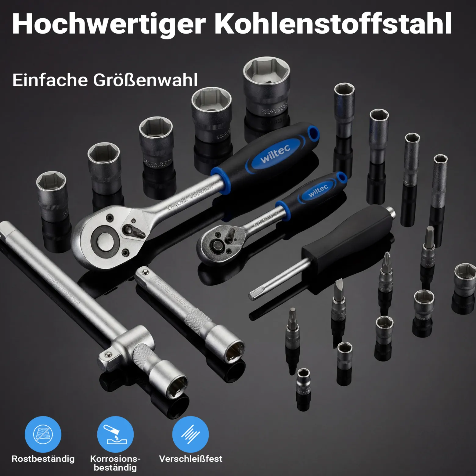 Wiltec 108-teiliger Steckschlüsselsatz Ratschenkasten mit 1/2" (12,5mm) und 1/4" (6,3 mm) Antrieb, Stecknüsse im Knarrenkasten, hochwertige Steckschlüssel für Werkstatt