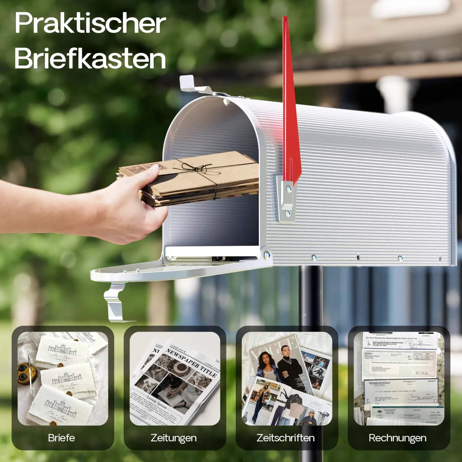 Wiltec US Mailbox weiß 150 x 513 x 223 mm, amerikanischer Briefkasten mit Fahne, Wandbriefkasten oder Standbriefkasten Stahl amerikanisches Design