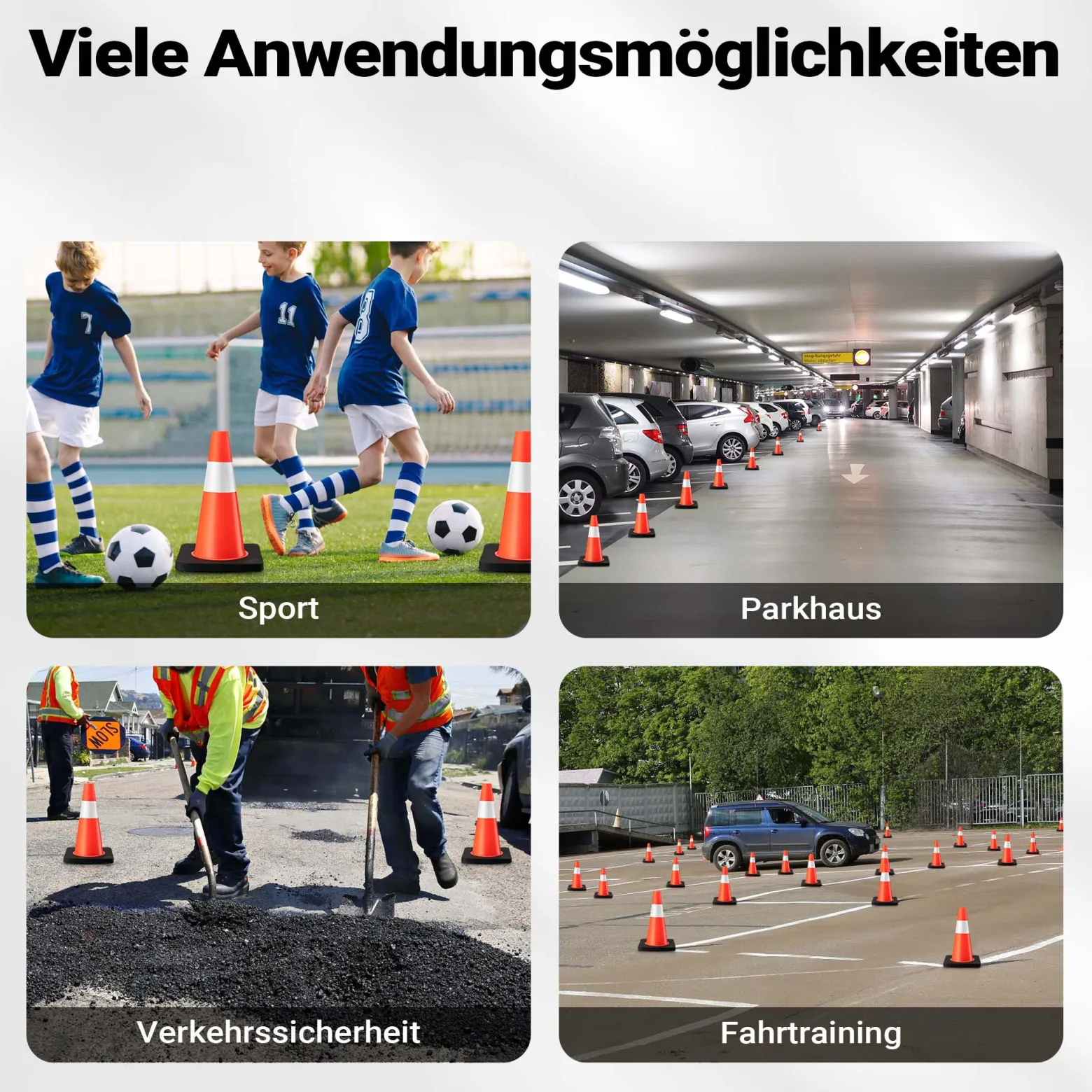 Wiltec Verkehrskegel 45 cm hoch 8 Stück, Leitkegel zum Absichern, Pylon reflektierend, Warnkegel aus robustem PVC und Gummi für Baustellen