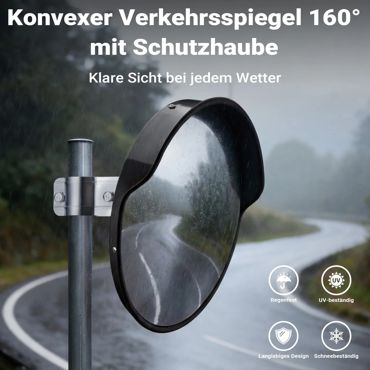 Wiltec Verkehrsspiegel 60 cm konvex mit Schutzhaube Schwarz, runder Sicherheitsspiegel mit 160° Sichtfeld, Konvexspiegel für Ausfahrten inkl. Montagematerial