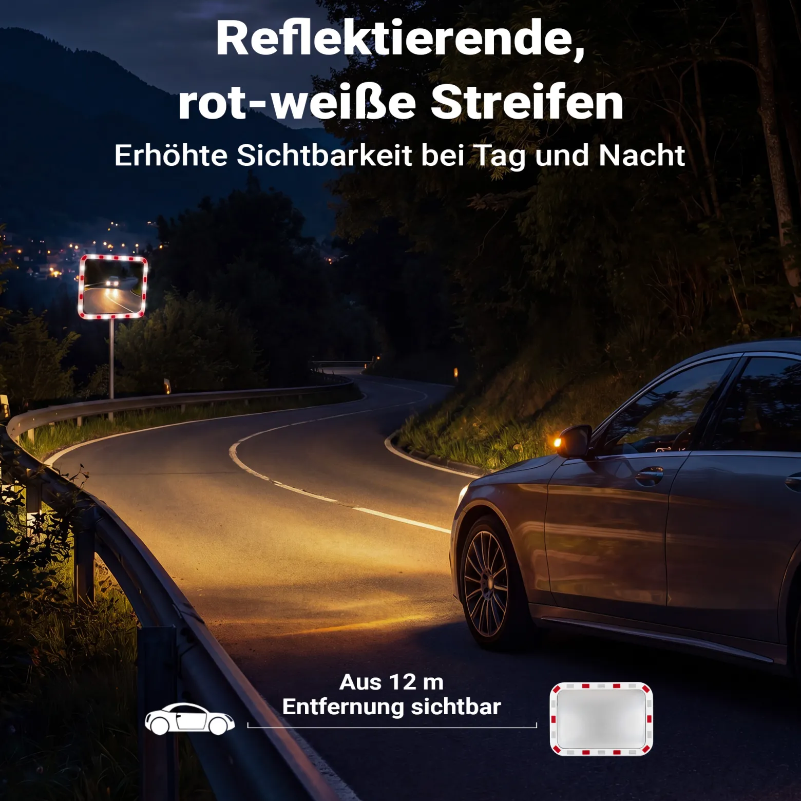 Wiltec Verkehrsspiegel 50 x 70 cm konvex, eckiger Sicherheitsspiegel mit rot-weißen Reflektorstreifen, bruchsicherer Konvexspiegel aus Kunststoff, Überwachungsspiegel für Ausfahrten