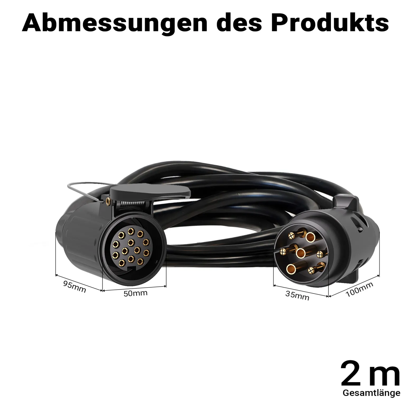 Wiltec Verlängerungskabel 2 m 7-polig auf 13-polig, Anhängerkabel PVC, Elektrokabel Stecker & Buchse, Verlängerungskabel für Anhänger und Wohnwagen
