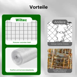 Wiltec Volierendraht 1,1 x 2,1 m, Hasendraht mit 6,3 mm Maschenweite sechseckig, Kaninchendraht Stahl verzinkt, wetterfester Hühnerdraht für Gehege