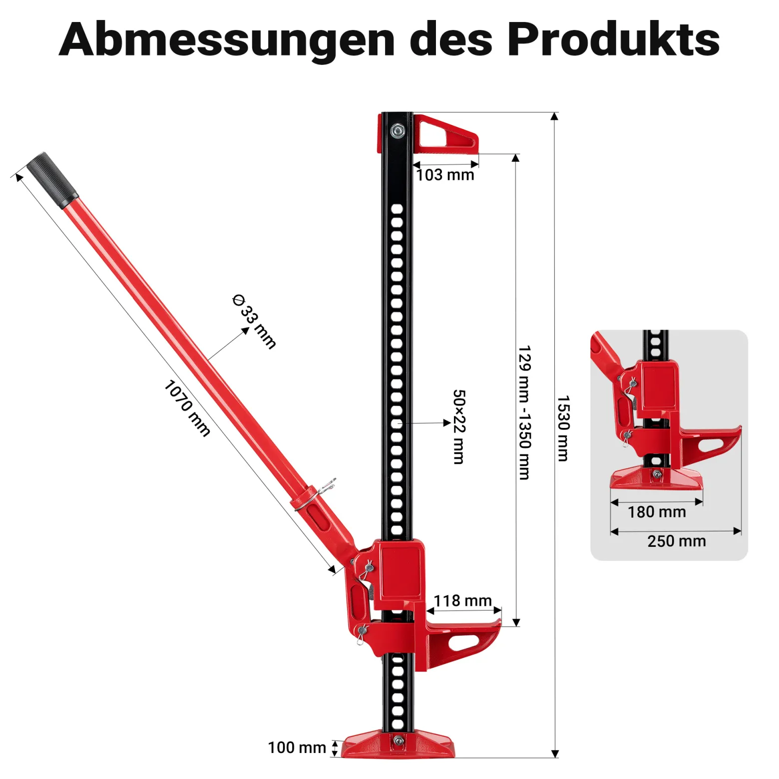 Wiltec 60‘‘ Wagenheber bis 3000 kg und max. 135 cm Hubhöhe, Offroad Farm Jack, Stockwinde für Geländewagen, SUV und ATV, Allzweckheber aus Stahl