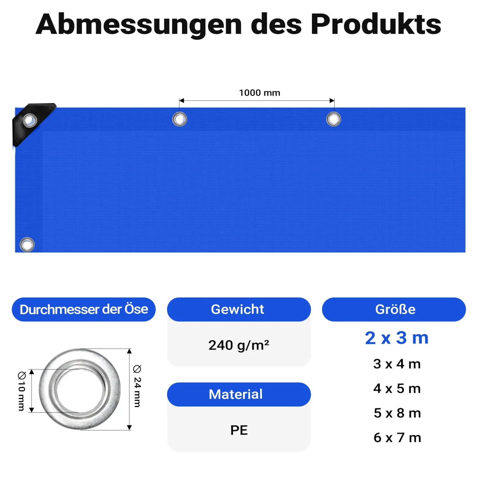 Wiltec wetterfeste Abdeckplane blau, wasserfeste Plane mit Ösen 3 x 2 m, PE Plane 240 g/m², UV-resistente Gartenplane, robuste Schutzplane