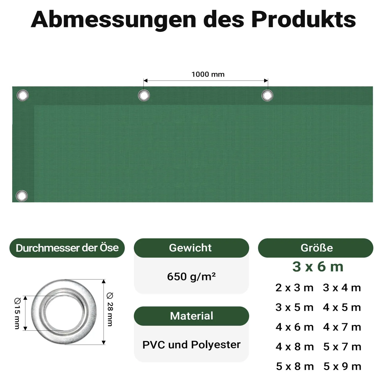 Wiltec wetterfeste Abdeckplane dunkelgrün, wasserfeste Plane mit Ösen 3 x 6 m, Polyester Plane 650 g/m², UV-resistente Gartenplane, robuste Schutzplane mit PVC Beschichtung