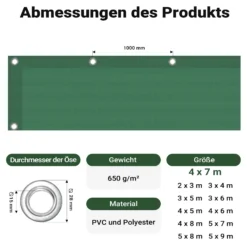 Wiltec wetterfeste Abdeckplane dunkelgrün, wasserfeste Plane mit Ösen 4 x 7 m, Polyester Plane 650 g/m², UV-resistente Gartenplane, robuste Schutzplane mit PVC Beschichtung