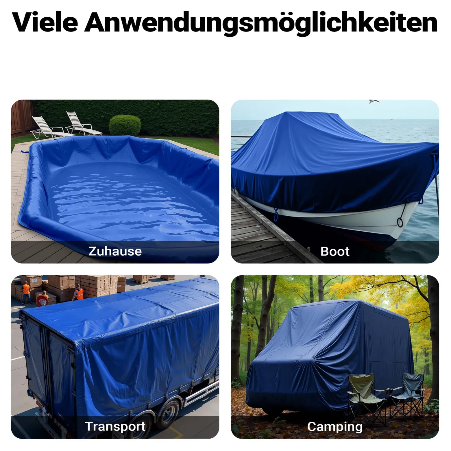 Wiltec wetterfeste Abdeckplane blau, wasserfeste Plane mit Ösen 4 x 8 m, Polyester Plane 650 g/m², UV-resistente Gartenplane, robuste Schutzplane mit PVC Beschichtung