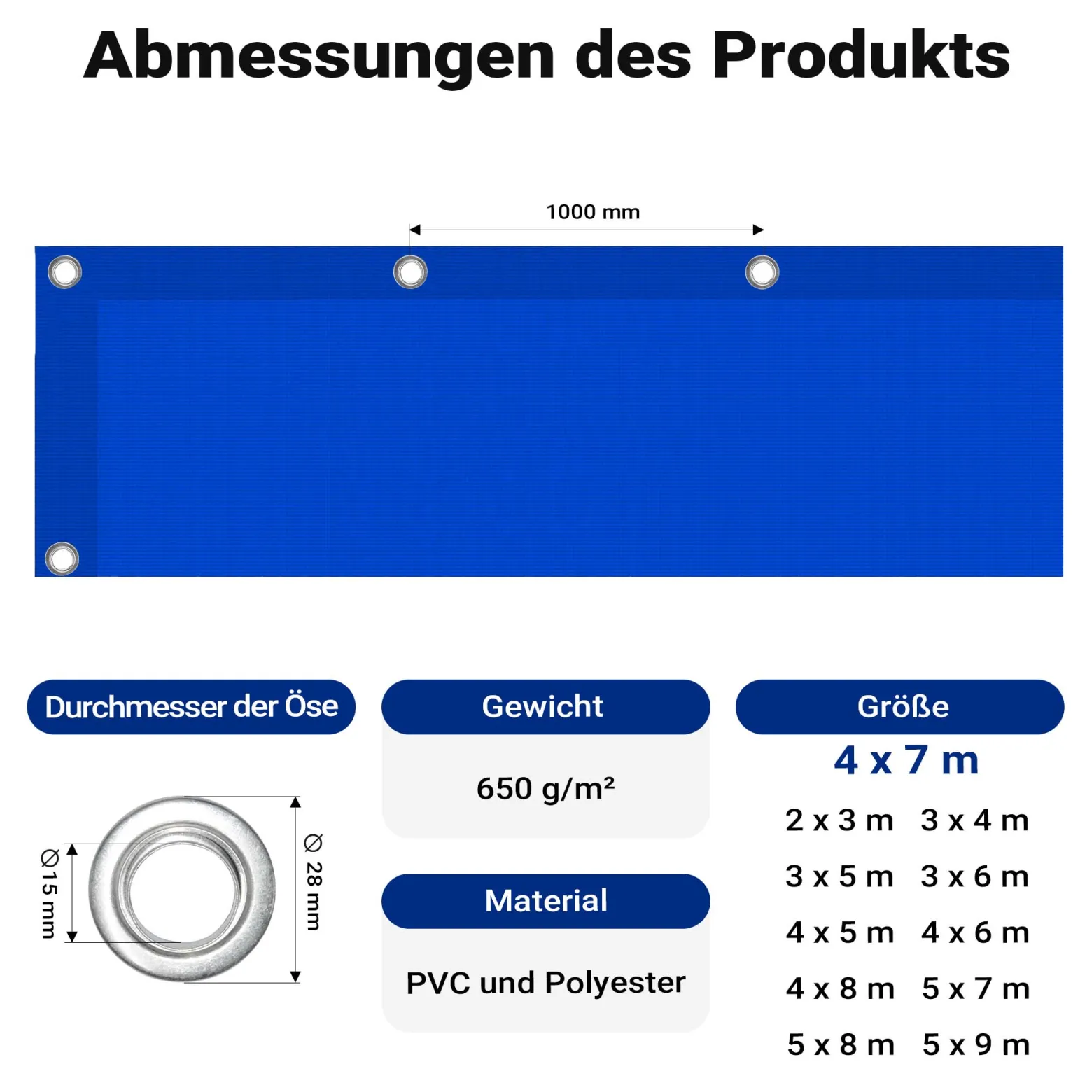 Wiltec wetterfeste Abdeckplane blau, wasserfeste Plane mit Ösen 4 x 7 m, Polyester Plane 650 g/m², UV-resistente Gartenplane, robuste Schutzplane mit PVC Beschichtung