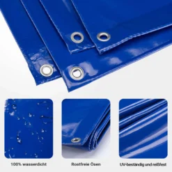 Wiltec wetterfeste Abdeckplane blau, wasserfeste Plane mit Ösen 4 x 7 m, Polyester Plane 650 g/m², UV-resistente Gartenplane, robuste Schutzplane mit PVC Beschichtung