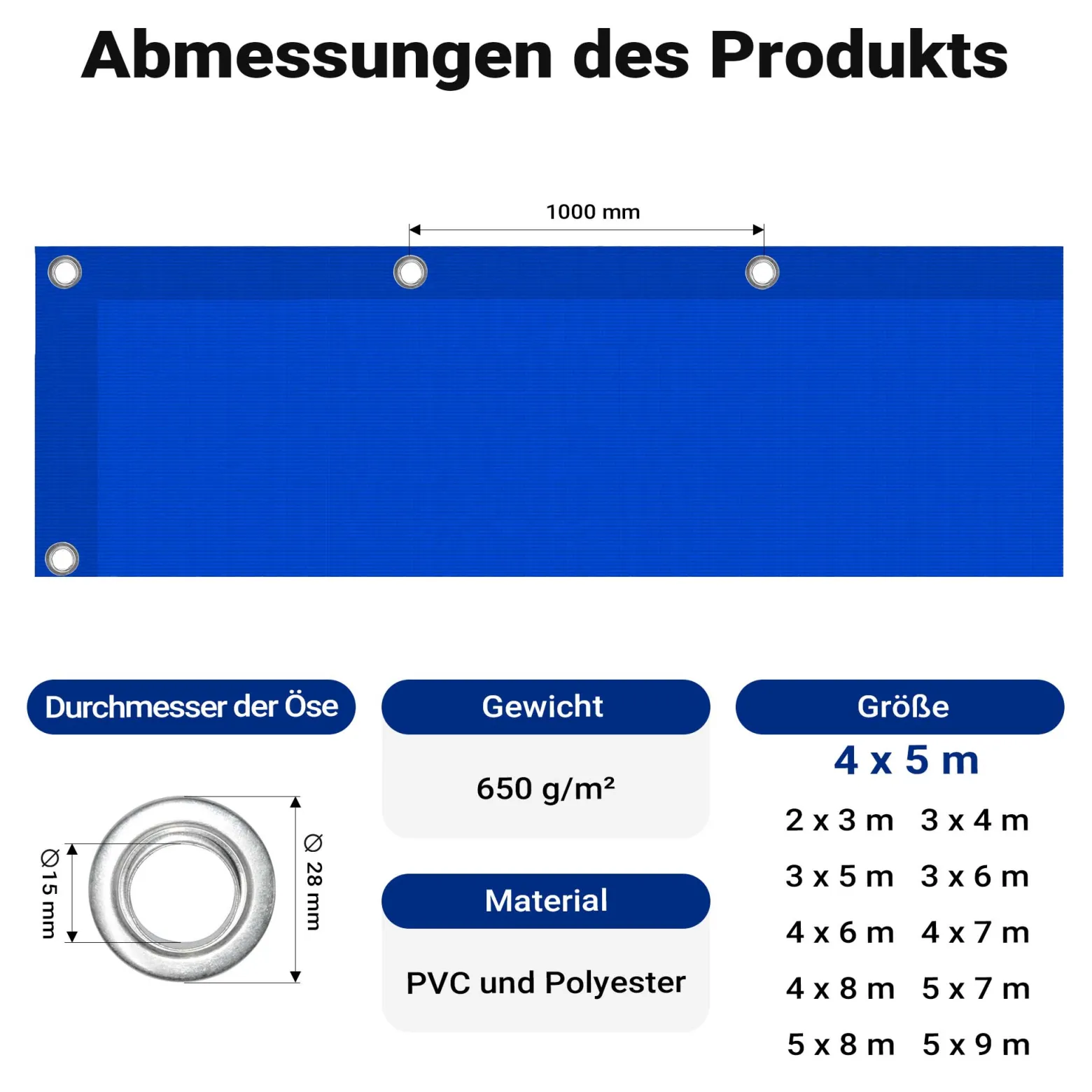 Wiltec wetterfeste Abdeckplane blau, wasserfeste Plane mit Ösen 4 x 5 m, Polyester Plane 650 g/m², UV-resistente Gartenplane, robuste Schutzplane mit PVC Beschichtung