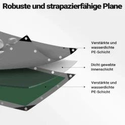 Wiltec wetterfeste Abdeckplane grün grau, wasserfeste Plane mit Ösen 4 x 3 m, PE Plane 120 g/m², UV-resistente Gartenplane, robuste Schutzplane