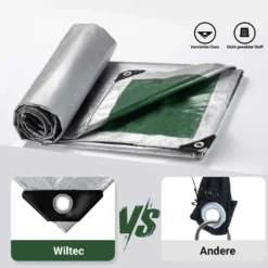 Wiltec wetterfeste Abdeckplane grün grau, wasserfeste Plane mit Ösen 4 x 3 m, PE Plane 120 g/m², UV-resistente Gartenplane, robuste Schutzplane