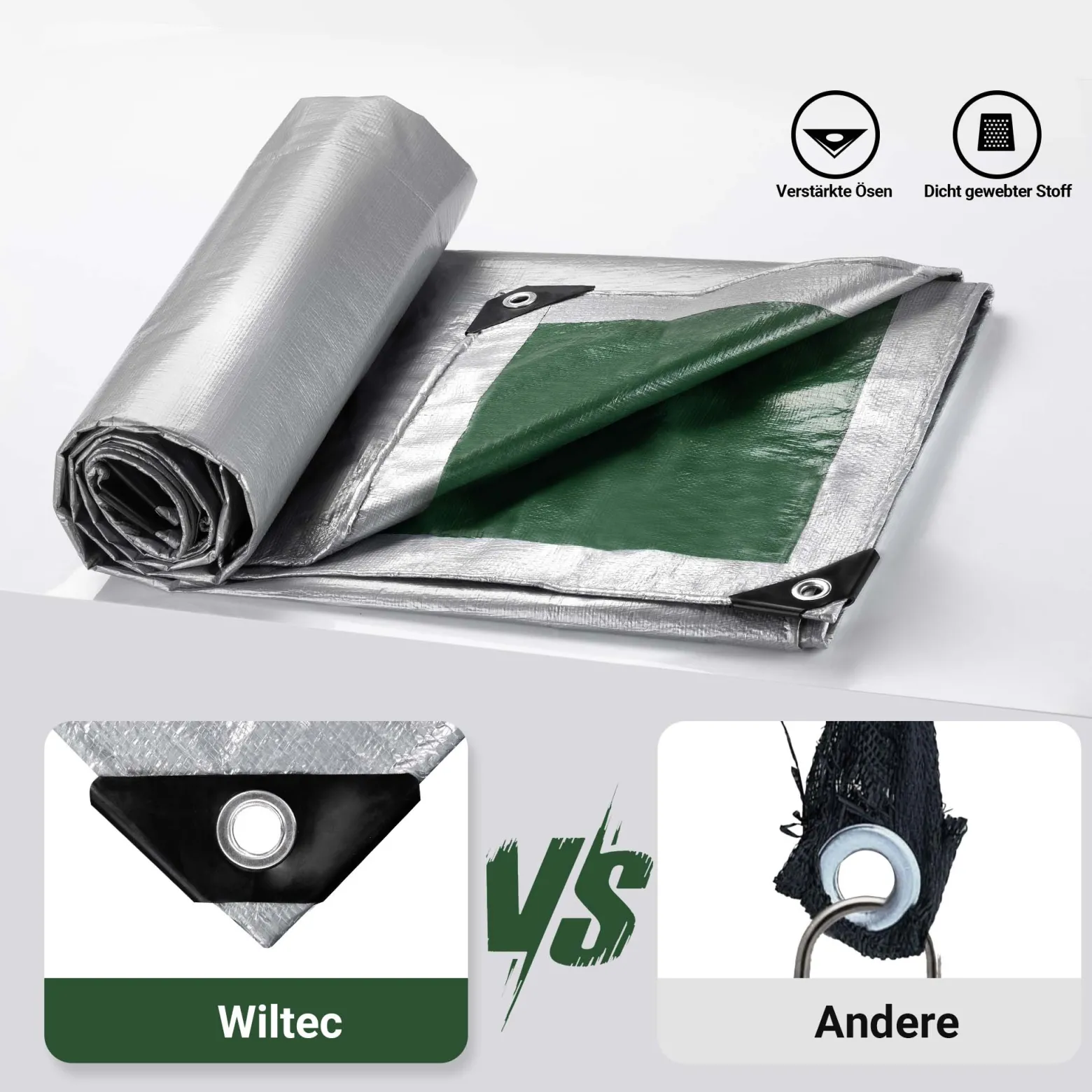 Wiltec wetterfeste Abdeckplane grün grau, wasserfeste Plane mit Ösen 4 x 3 m, PE Plane 120 g/m², UV-resistente Gartenplane, robuste Schutzplane
