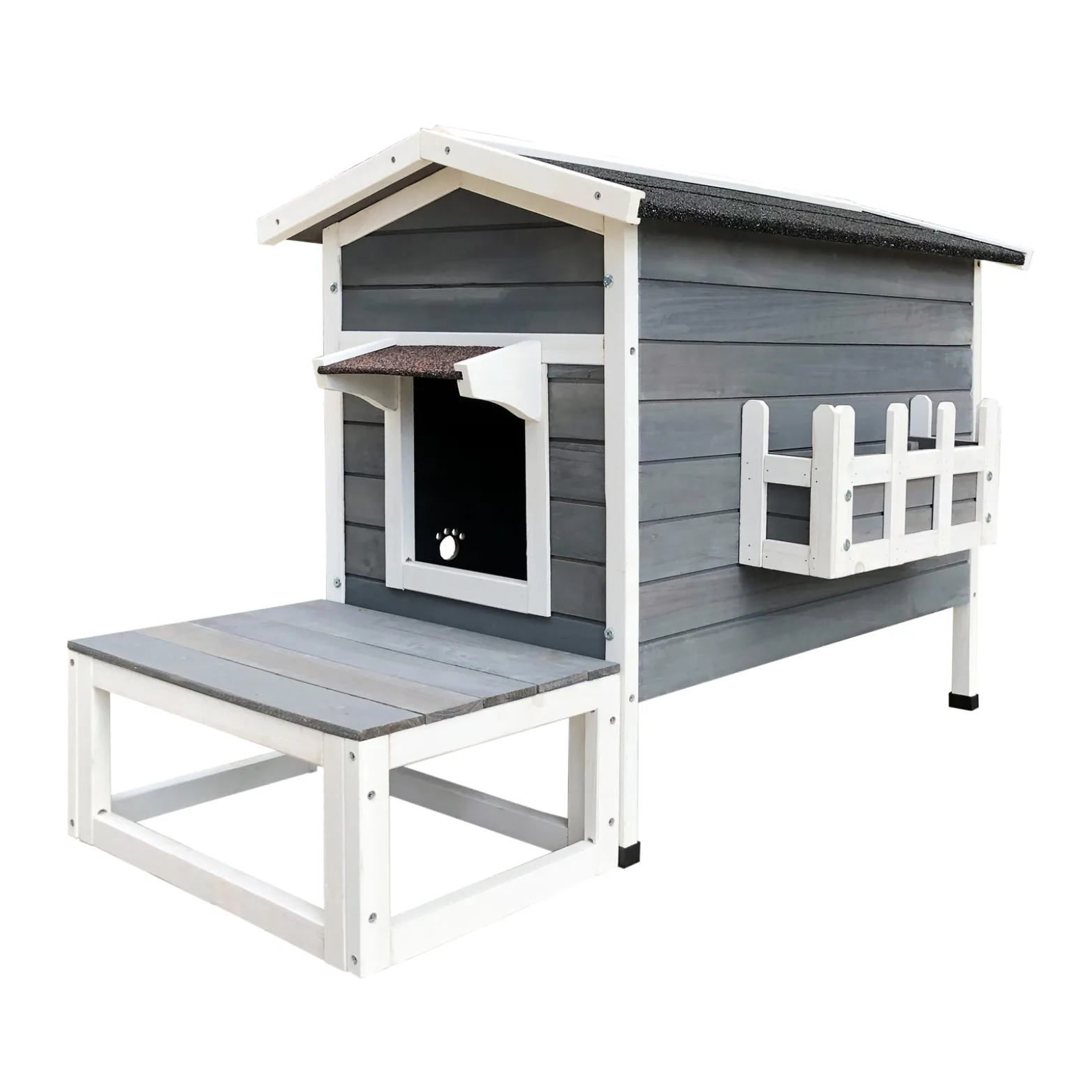 Wiltec Wetterfestes Katzenhaus 73,5 x 48 x 104,5 cm aus Holz, Katzenhütte Outdoor, Lodge Katzenhöhle mit Terrasse und Fluchttür