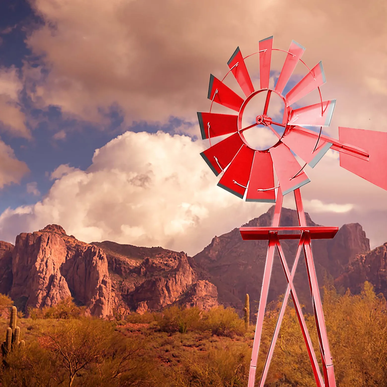 Wiltec Windrad mit 245 cm Höhe, Windmühle in Rot, Windspiel im US-Design, Gartendeko mit kugelgelagertem Texasrad, Rankhilfe für Garten