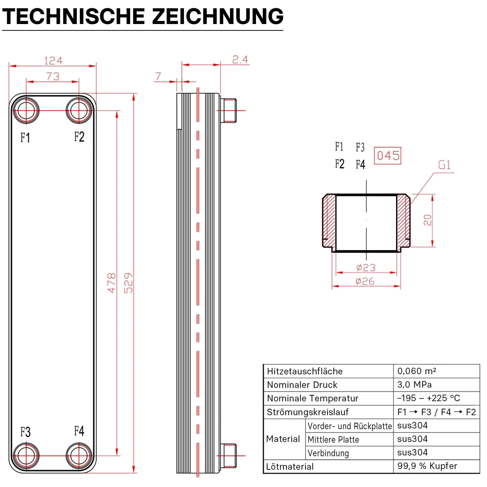 Wiltec Wärmetauscher 30 Platten, max. 330 kW, 22 m³/h 3,33 l je Durchgang, Plattenwärmetauscher aus Edelstahl als Wärmeüberträger