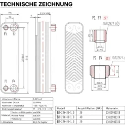 Wiltec Wärmetauscher 30 Platten, max. 125 kW, 4 m³/h 1,20 l je Durchgang, Plattenwärmetauscher aus Edelstahl als Wärmeüberträger